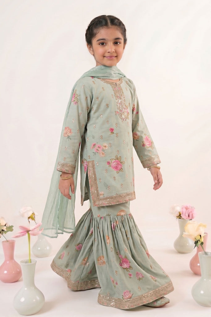 3 Piece Embroidered Lawn Suit for Girls in Light Green
