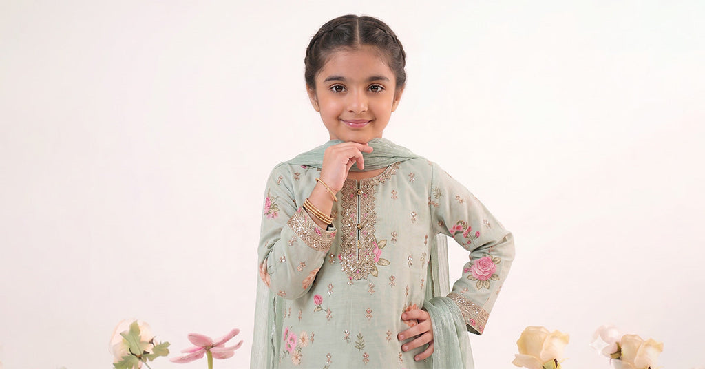 3 Piece Embroidered Lawn Suit for Girls in Light Green