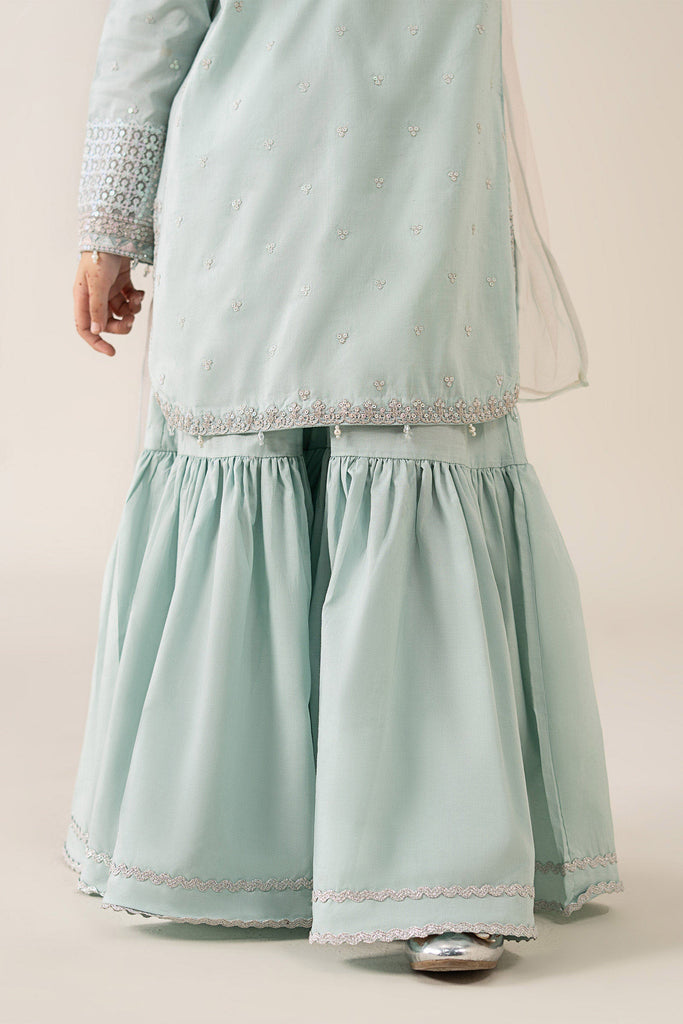 Kids 3 Piece Embroidered Lawn Gharara Suit - Blue