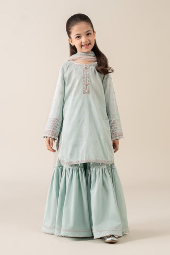 Kids 3 Piece Embroidered Lawn Gharara Suit - Blue