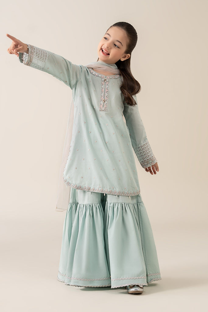 Kids 3 Piece Embroidered Lawn Gharara Suit - Blue