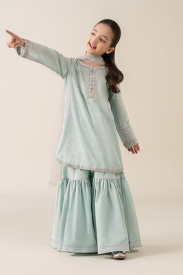 Kids 3 Piece Embroidered Lawn Gharara Suit - Blue