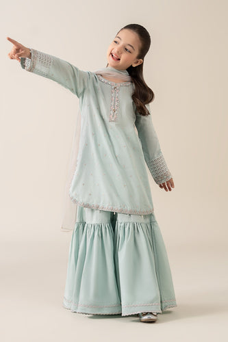 Kids 3 Piece Embroidered Lawn Gharara Suit - Blue