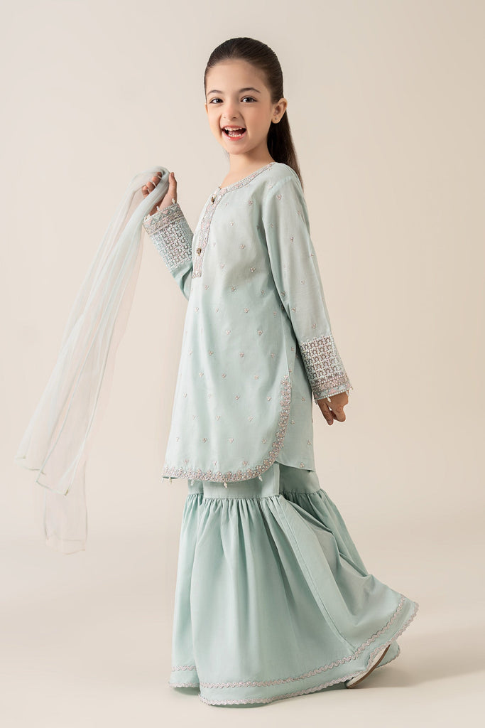 Kids 3 Piece Embroidered Lawn Gharara Suit - Blue