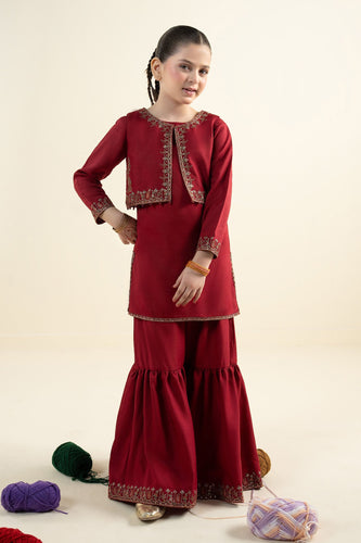 3 Piece Embroidered Silk Suit for Girls - Red