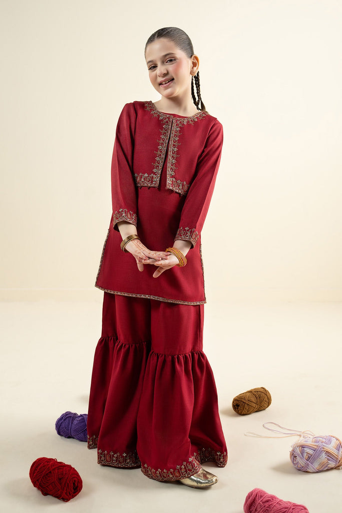 3 Piece Embroidered Silk Suit for Girls - Red