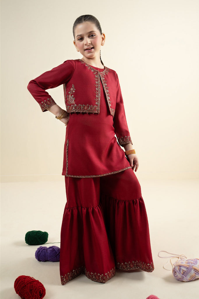 3 Piece Embroidered Silk Suit for Girls - Red