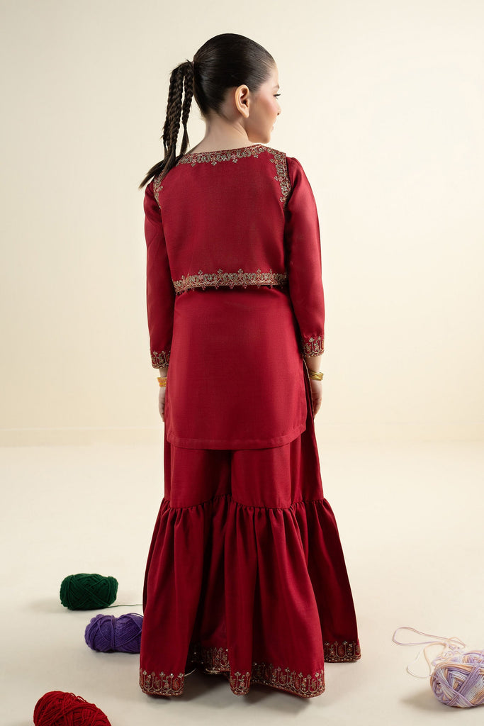 3 Piece Embroidered Silk Suit for Girls - Red