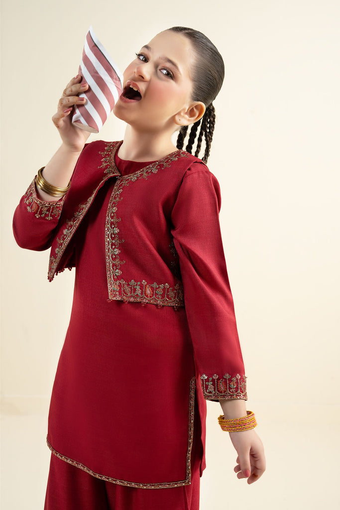 3 Piece Embroidered Silk Suit for Girls - Red