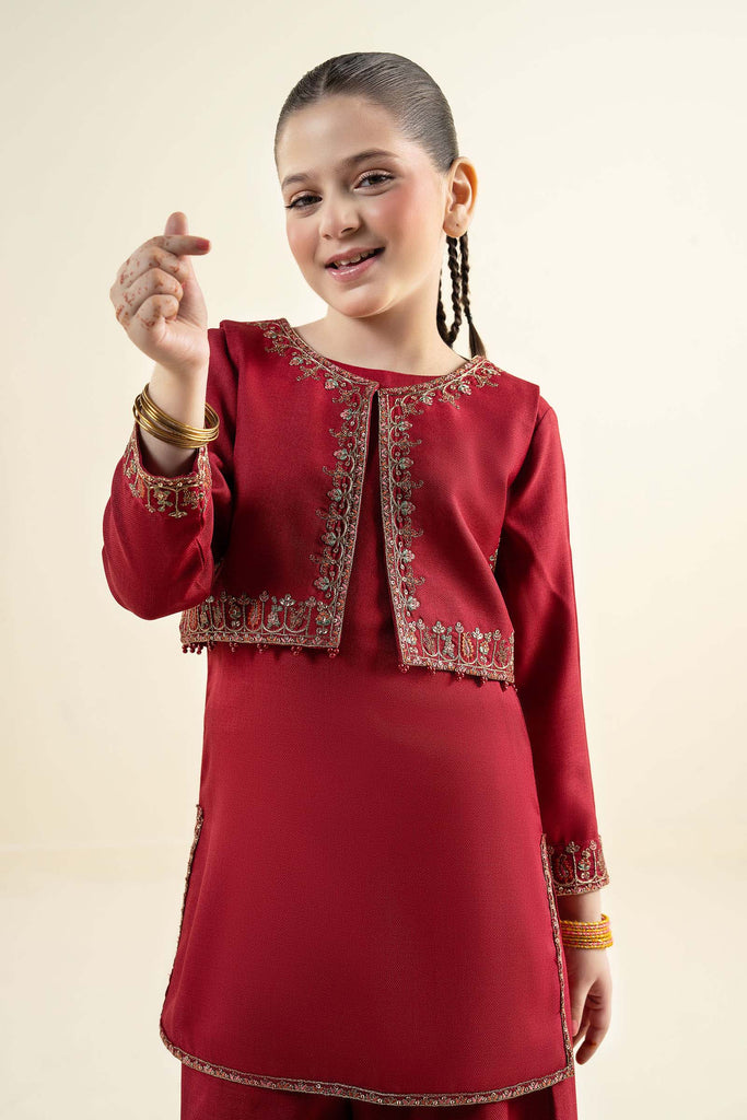 3 Piece Embroidered Silk Suit for Girls - Red