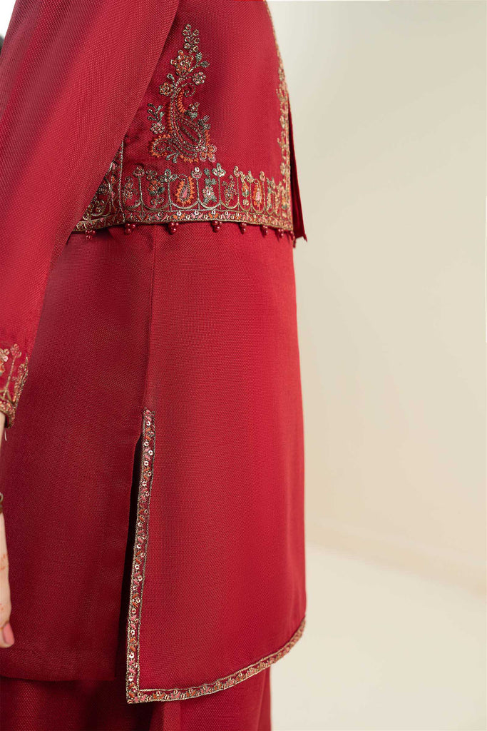 3 Piece Embroidered Silk Suit for Girls - Red