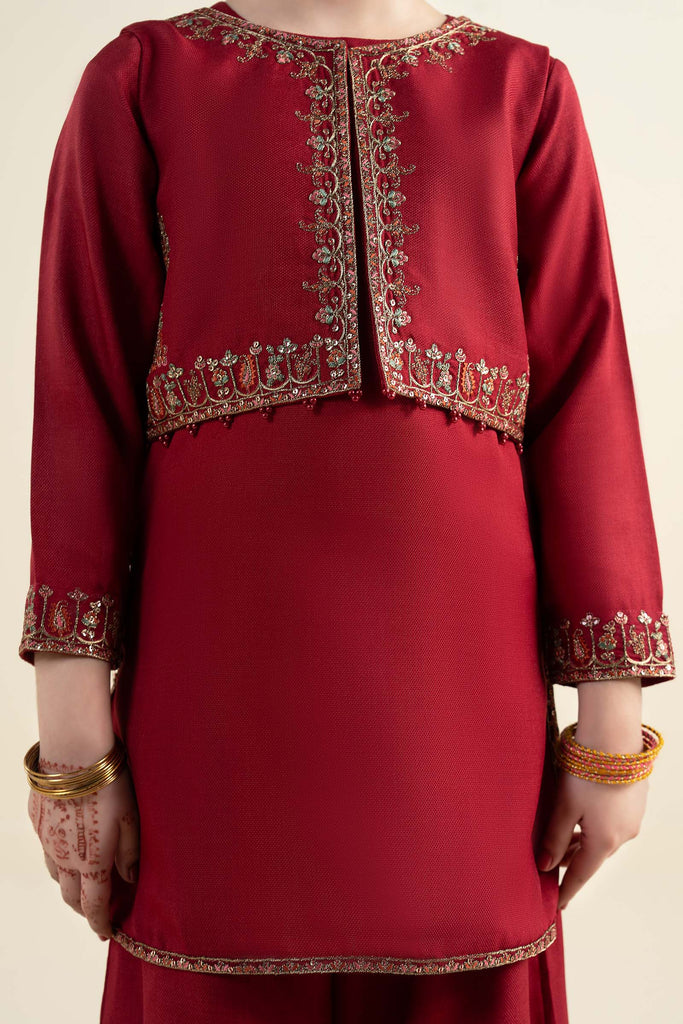3 Piece Embroidered Silk Suit for Girls - Red
