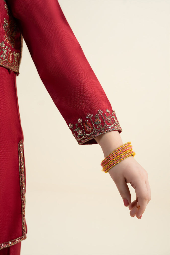3 Piece Embroidered Silk Suit for Girls - Red