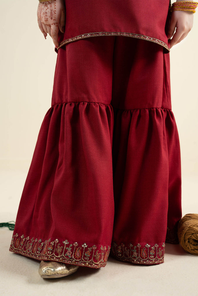 3 Piece Embroidered Silk Suit for Girls - Red