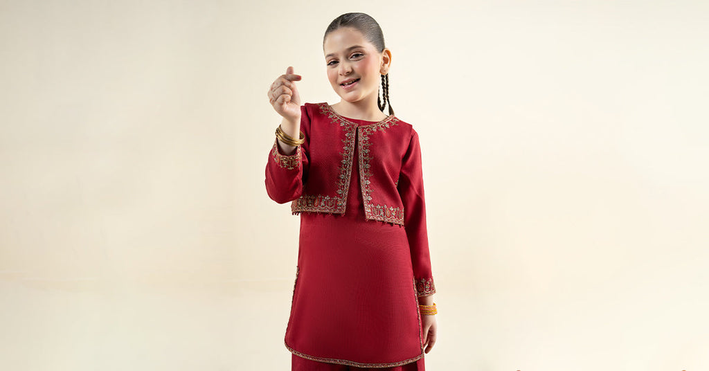 3 Piece Embroidered Silk Suit for Girls - Red
