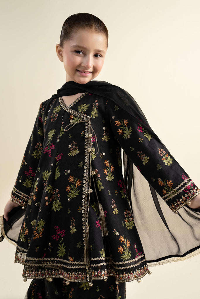 Black 3 Piece Embroidered Khaddar Suit for Kids