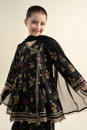 Black 3 Piece Embroidered Khaddar Suit for Kids