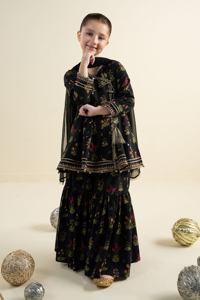 Black 3 Piece Embroidered Khaddar Suit for Kids