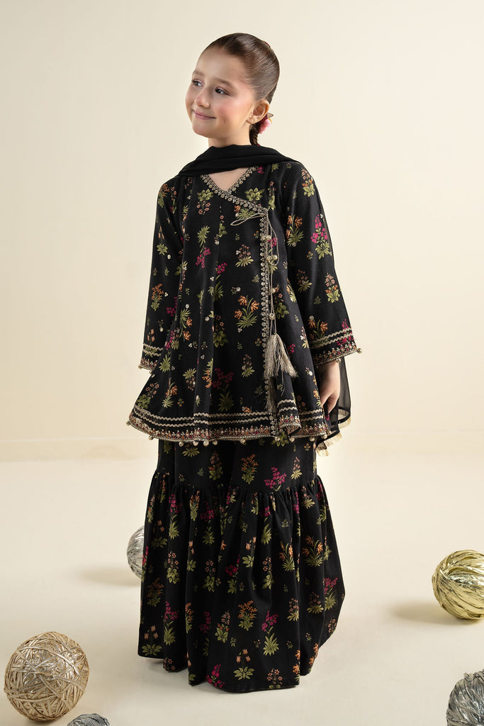 Black 3 Piece Embroidered Khaddar Suit for Kids