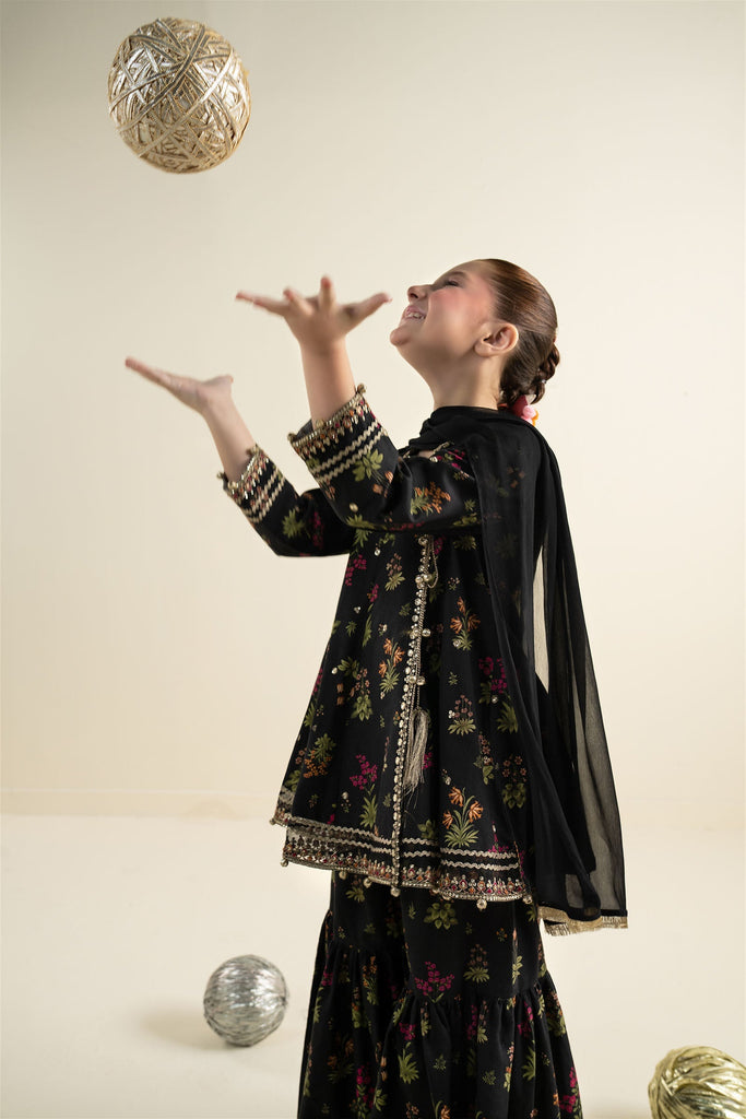 Black 3 Piece Embroidered Khaddar Suit for Kids