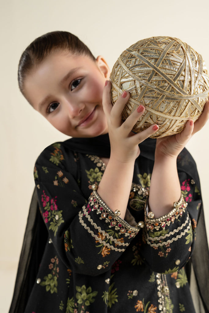 Black 3 Piece Embroidered Khaddar Suit for Kids