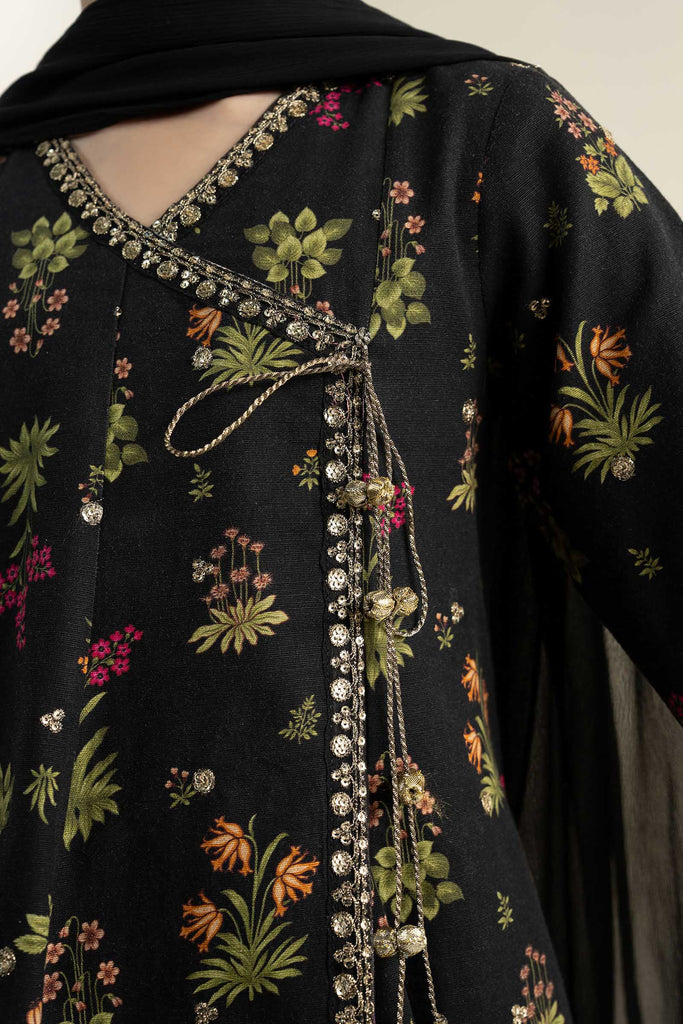 Black 3 Piece Embroidered Khaddar Suit for Kids