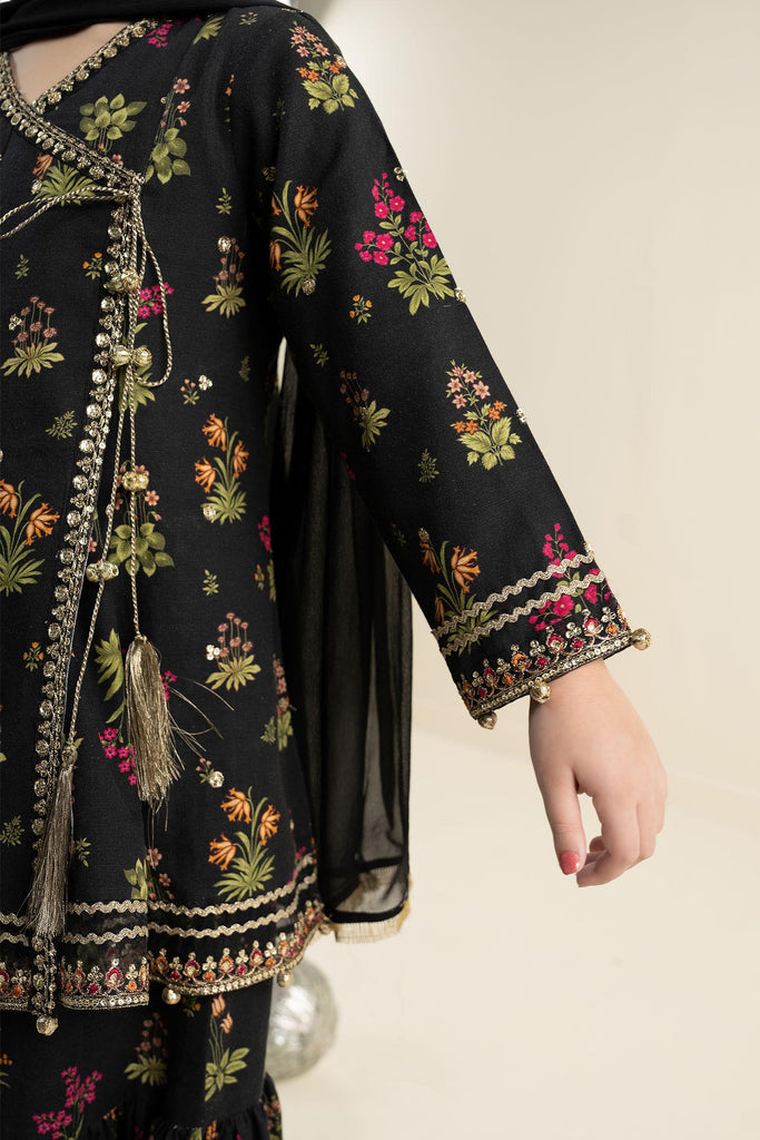 Black 3 Piece Embroidered Khaddar Suit for Kids