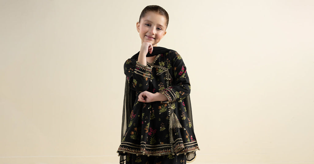 Black 3 Piece Embroidered Khaddar Suit for Kids