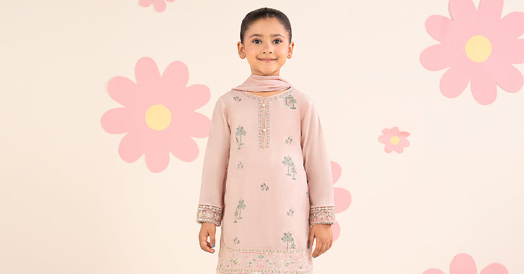 Kids Embroidered Lawn 3 Piece Suit with Farshi Shalwar - Pink