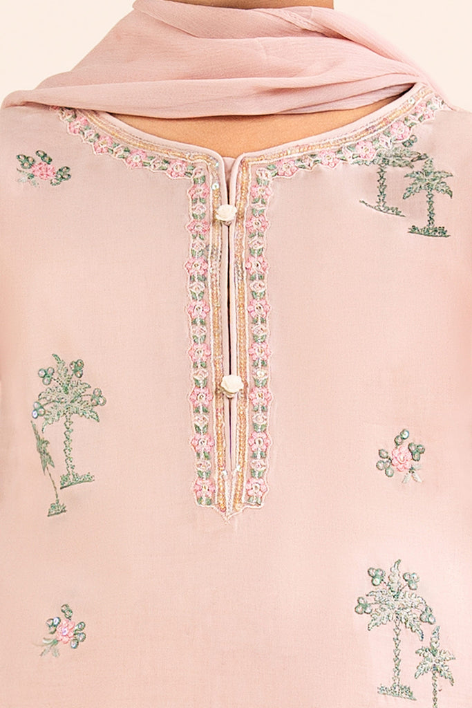 Kids Embroidered Lawn 3 Piece Suit with Farshi Shalwar - Pink