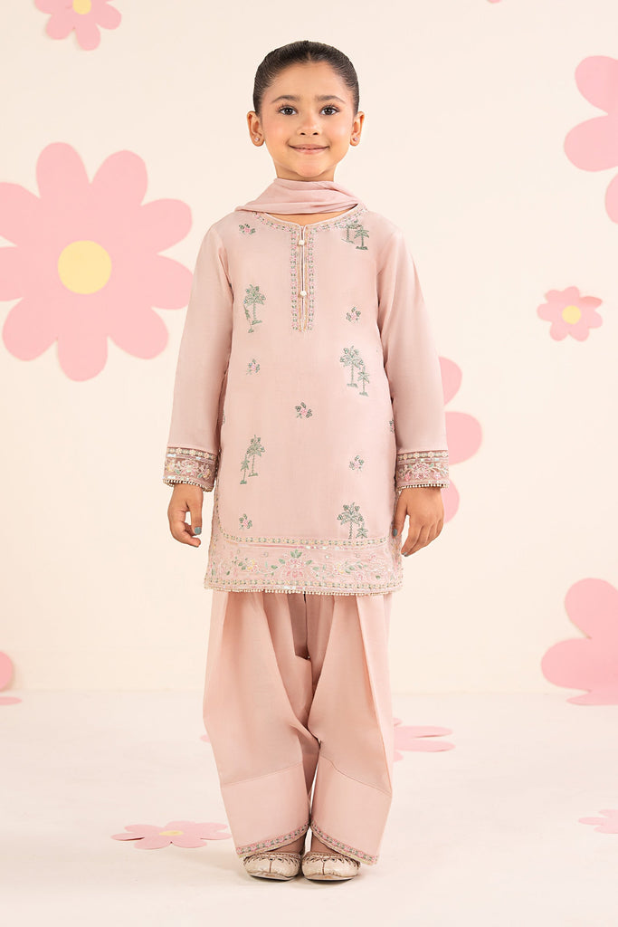 Kids Embroidered Lawn 3 Piece Suit with Farshi Shalwar - Pink