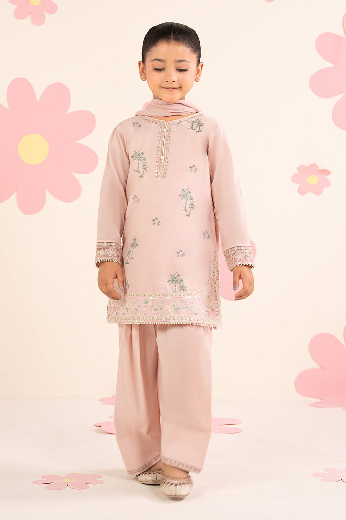 Kids Embroidered Lawn 3 Piece Suit with Farshi Shalwar - Pink