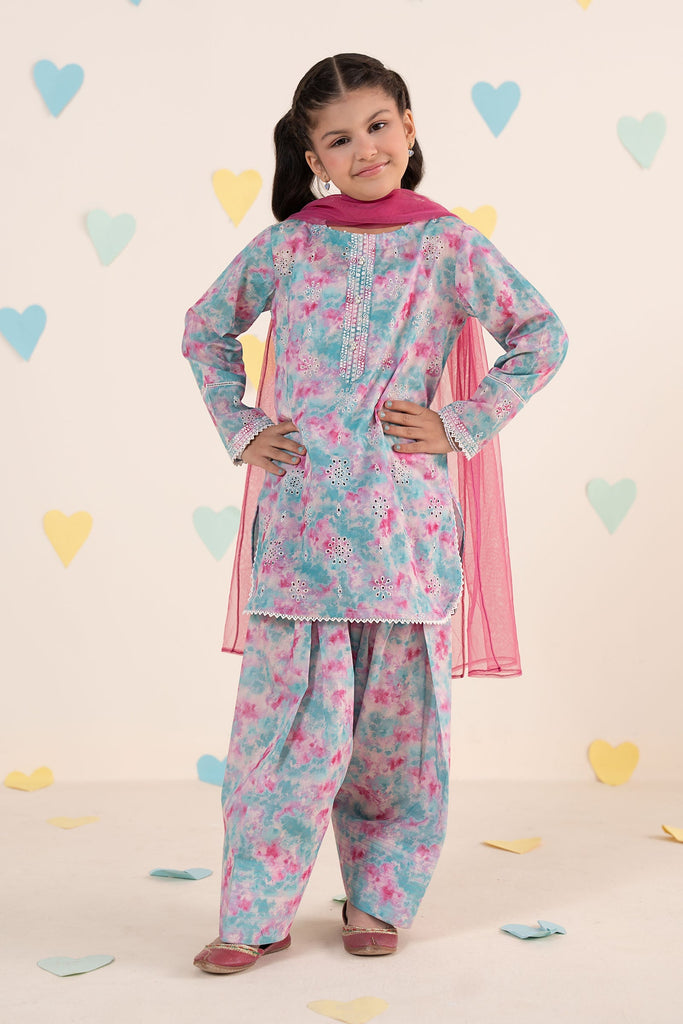 3 Piece Embroidered Lawn Suit with Schifli in Blue