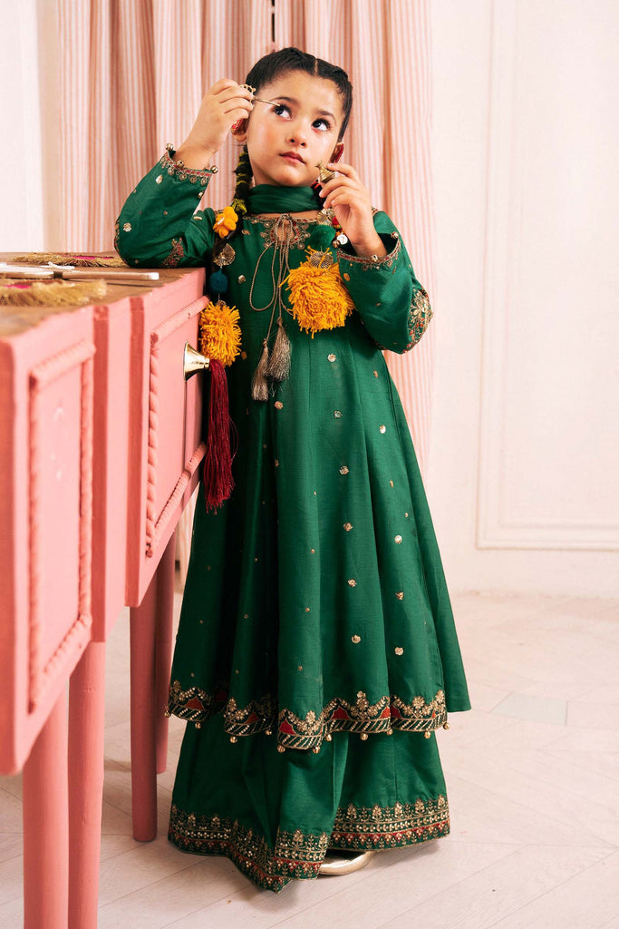 3 Piece Green Bamberg Raw Silk Frock for Kids