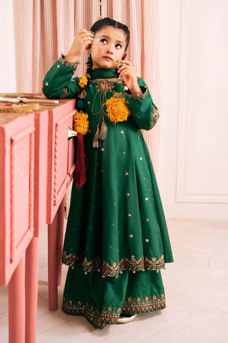 3 Piece Green Bamberg Raw Silk Frock for Kids