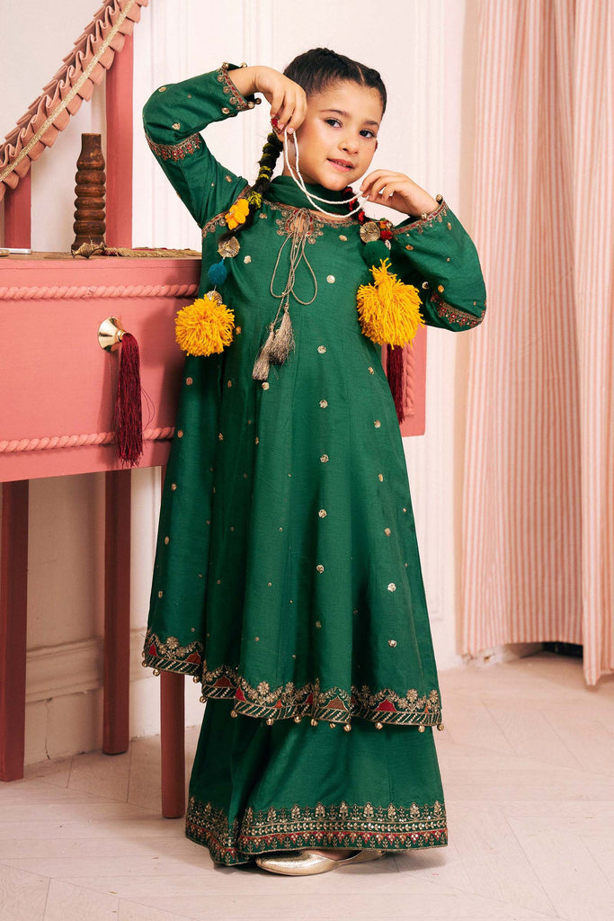 3 Piece Green Bamberg Raw Silk Frock for Kids
