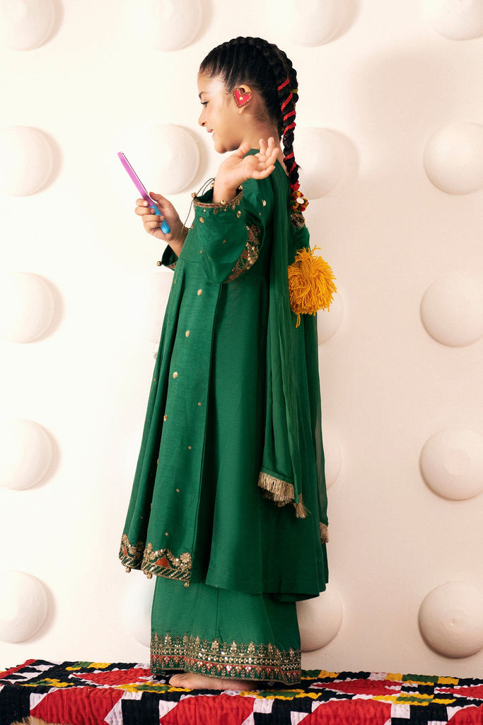 3 Piece Green Bamberg Raw Silk Frock for Kids