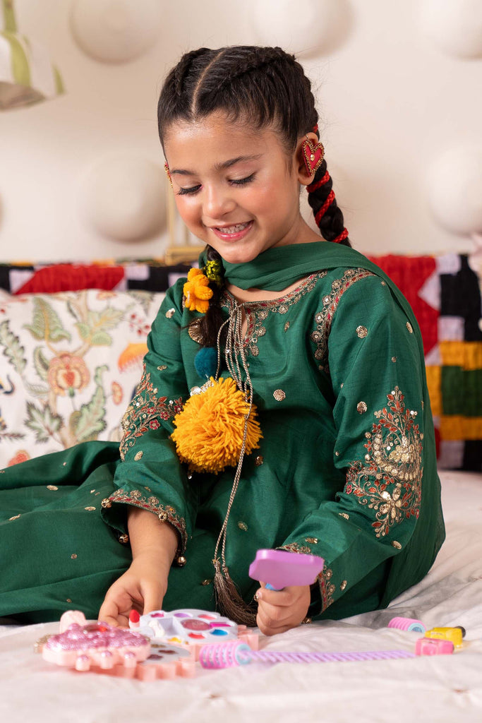 3 Piece Green Bamberg Raw Silk Frock for Kids