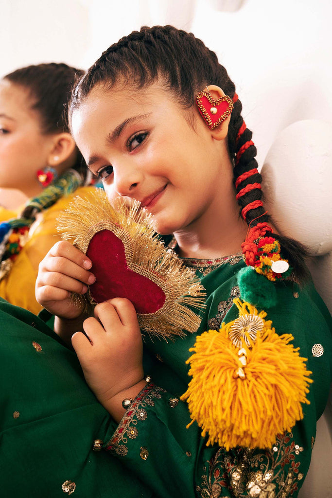 3 Piece Green Bamberg Raw Silk Frock for Kids
