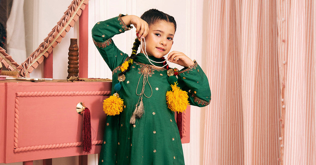 3 Piece Green Bamberg Raw Silk Frock for Kids