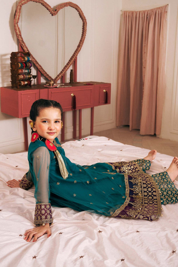 Teal Blue 3 Piece Embroidered Net Suit for Kids