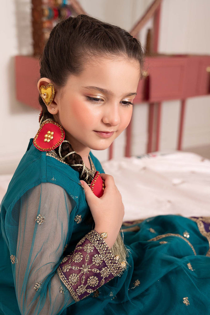 Teal Blue 3 Piece Embroidered Net Suit for Kids