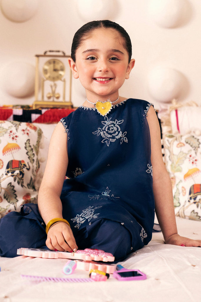 3 Piece Embroidered Organza Suit for Girls in Blue