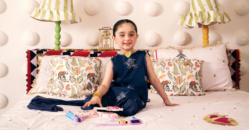 3 Piece Embroidered Organza Suit for Girls in Blue