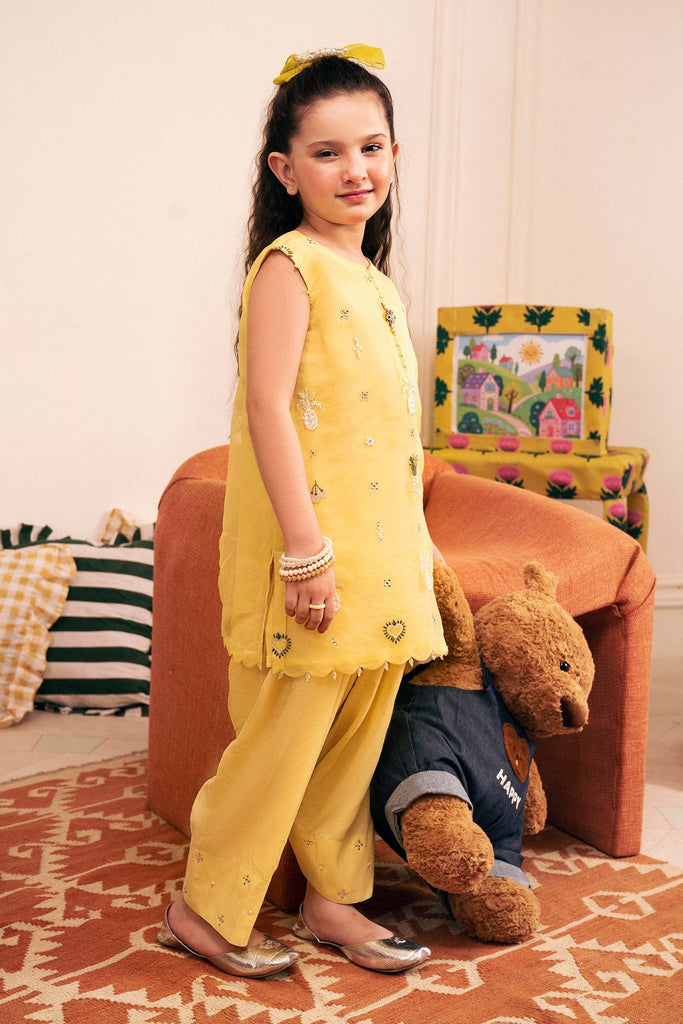 Yellow Embroidered Organza 2 Piece Suit for Girls