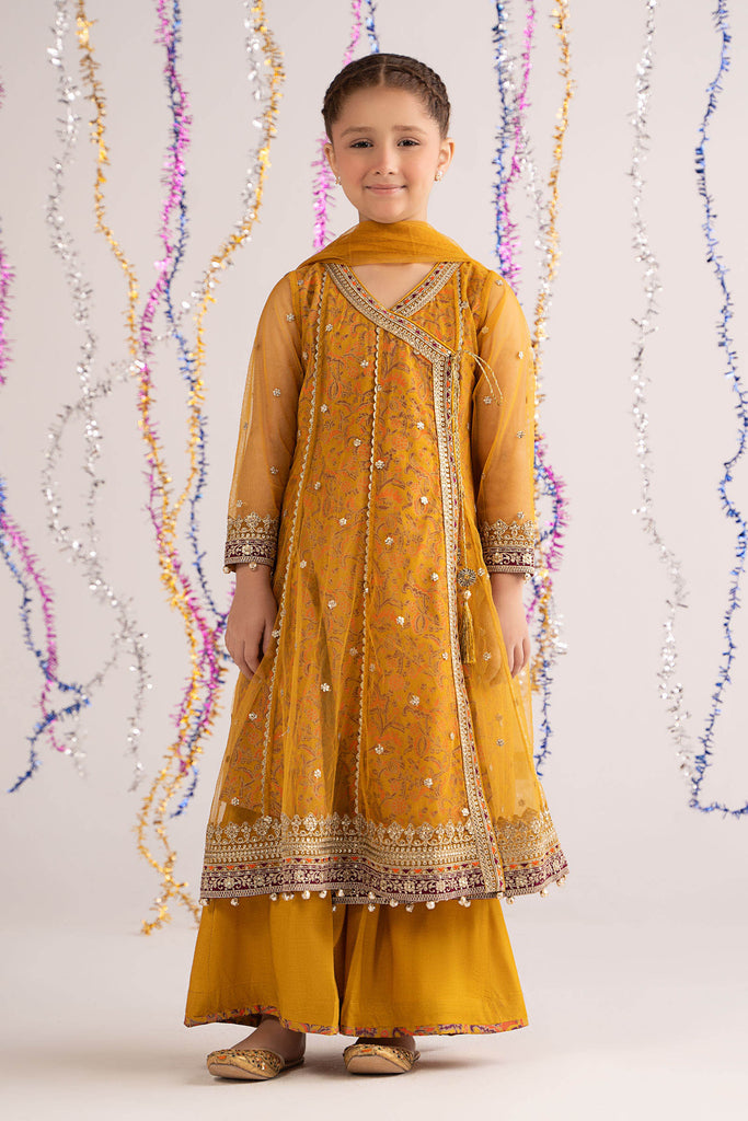 Mustard Yellow 3 Piece Embroidered Net Suit for Kids