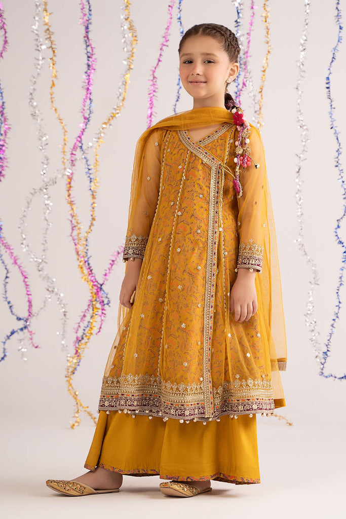Mustard Yellow 3 Piece Embroidered Net Suit for Kids