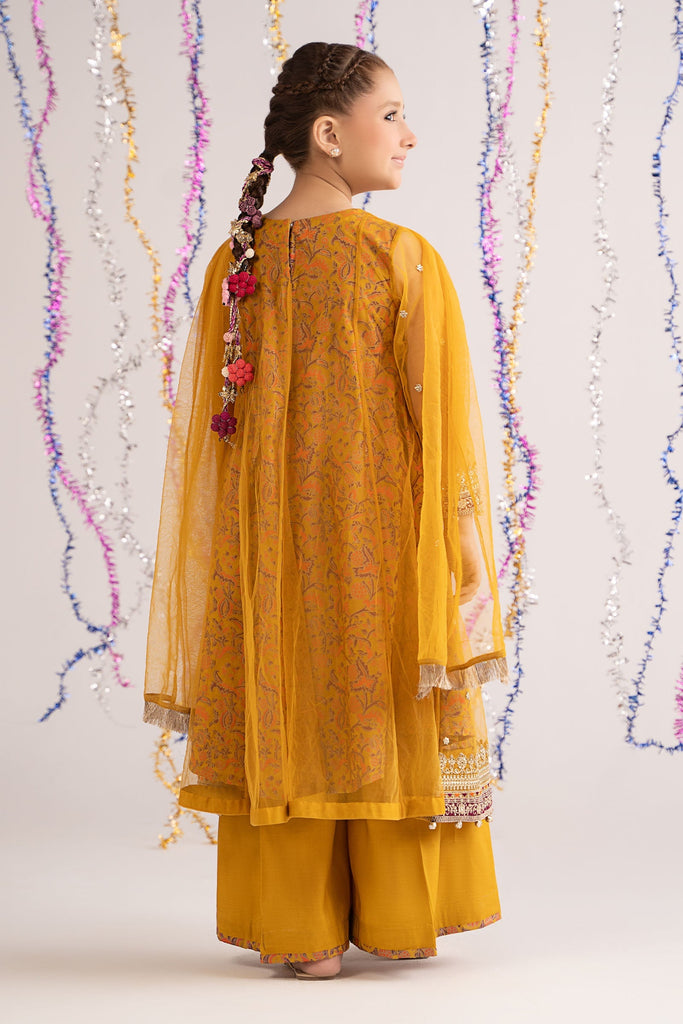 Mustard Yellow 3 Piece Embroidered Net Suit for Kids