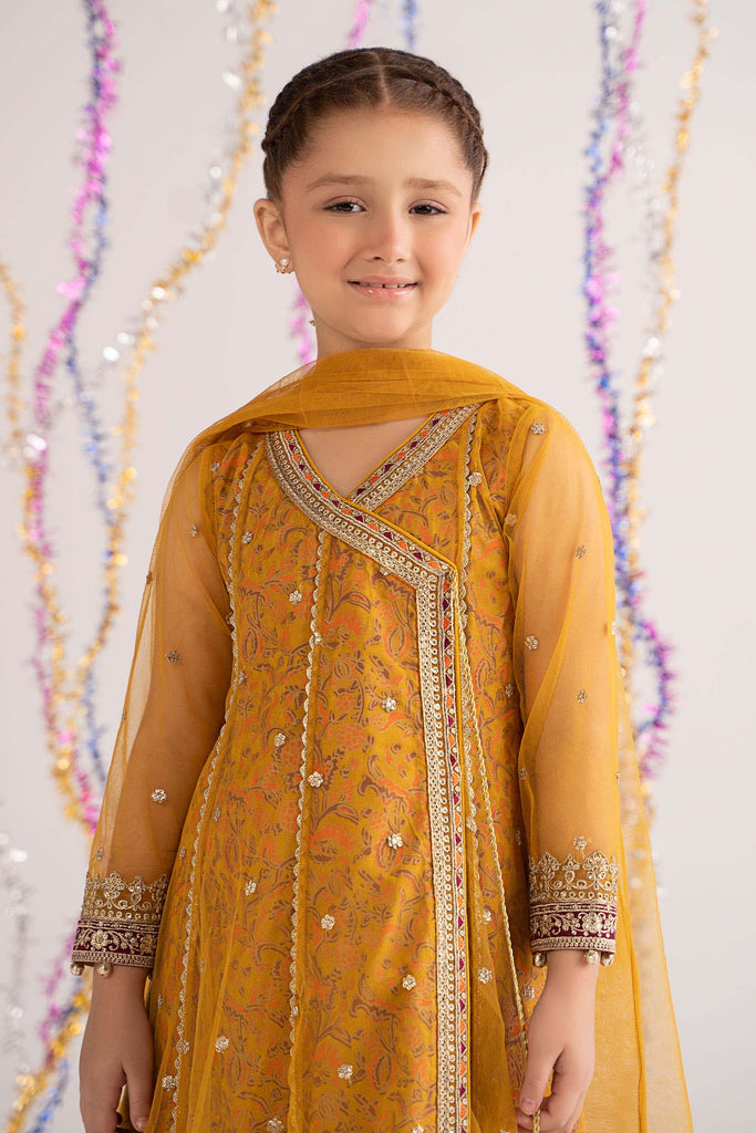 Mustard Yellow 3 Piece Embroidered Net Suit for Kids