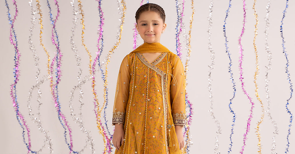 Mustard Yellow 3 Piece Embroidered Net Suit for Kids